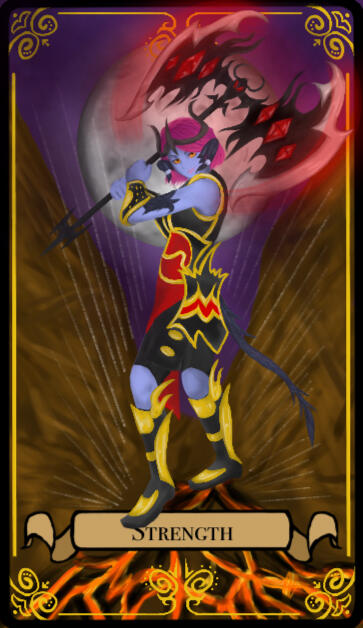 A tarot card labeled "Strength". A blue-skinned and scaled warrior wields a glowing red axe, standing on broken and lava-veined ground. A dark purple sky and large moon is behind her.