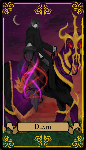 A tarot card labeled "Death". A pale-skinned horned warrior dressed in black sits upon an elaborately armored black horse. He points a large greatsword, pointing it at the viewer. The sword glows with purple and red swirls of energy. They are posed on a gr