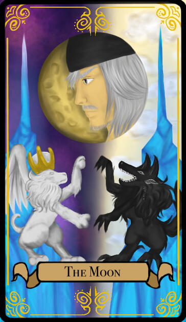 A tarot card labeled "The Moon". Two blue crystal towers flank the card. The leftmost one is against a dark purple sky, while the rightmost one is against a pale yellow sky. In the foreground of the left tower is a white lion creature with a golden crown,