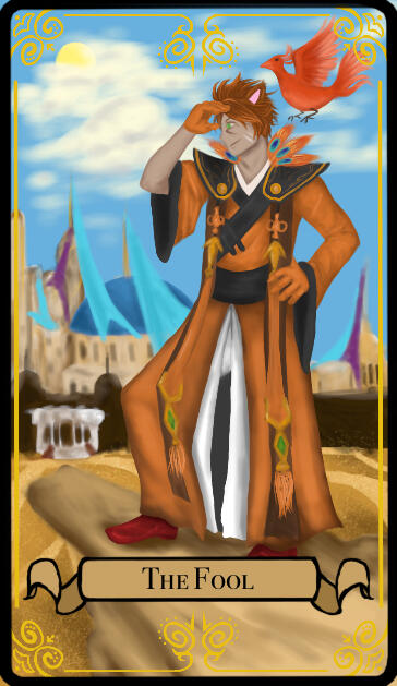 A tarot card labeled "The Fool". A red-haired catboy stands on a cliff edge and looks out toward the colorful city in the desert background. He has a determined expression. He wears orange robes with black shoulder pauldrons and peacock feather decorations
