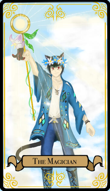 A tarot card labeled "The Magician". A cat-eared boy dressed in blue open shirt, white tunic, blue pants and boots, and a blue-and-white crown of daisies raises his golden staff to the sky. The staff is adorned with a large lily. It frames the sun in the b
