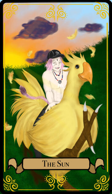 A tarot card labeled "The Sun". A pink-haired catboy with elaborate necklaces joyfully rides upon a chocobo (large yellow bird) across a grassy field. The catboy is topless and wears a hat and dark pants. The sunset is behind them, as well as dark purple