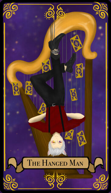 A tarot card labeled "The Hanged Man". A white-haired catboy is tied by his right ankle to the top of an extremely large harp. The harp is made of gold and wood, and is adorned with several divining cards. The catboy wears black dress shows, black pants, a