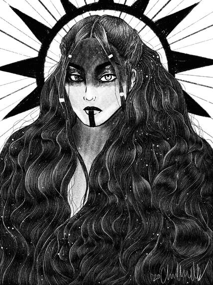 Black-and-white portrait of an odd-eyed woman with long, wavy hair. She is pale with smudged black facepaint over her forehead and eyes. She also has black make-up and a marking from her lower lip down to her chin. A black spiked halo is behind her.