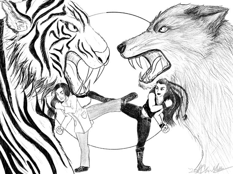 A black-and-white illustration. A woman in simple Vietnamese clothes with a furious expression and clenched fists delivers a high-kick to another woman. The other woman blocks her kick with her own-high kick, mirroring her pose. The other woman wears all b