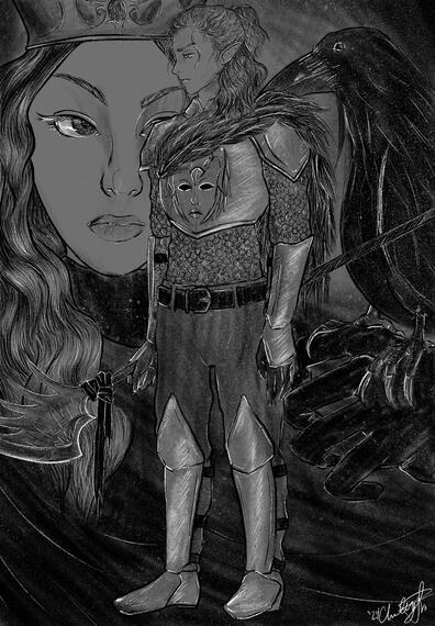 A black-and-white artwork. An elven man in chainmail armor decorated with raven feathers solemnly stands and holds a spear that has a blade shaped like a raven wing. His wavy hair is tied in a half pony-tail, with the rest of his shoulder length hair down.