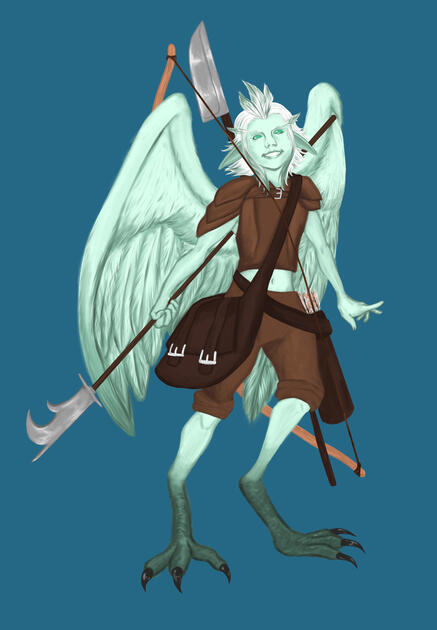 A strix (humans with bird legs and wings) with light mint-colored skin and fluffy wings stands upright and smiles at the viewer. They wear brown leather armor, brown knee-length pants, a large messenger bag, and a quiver of arrows by their side. They hold
