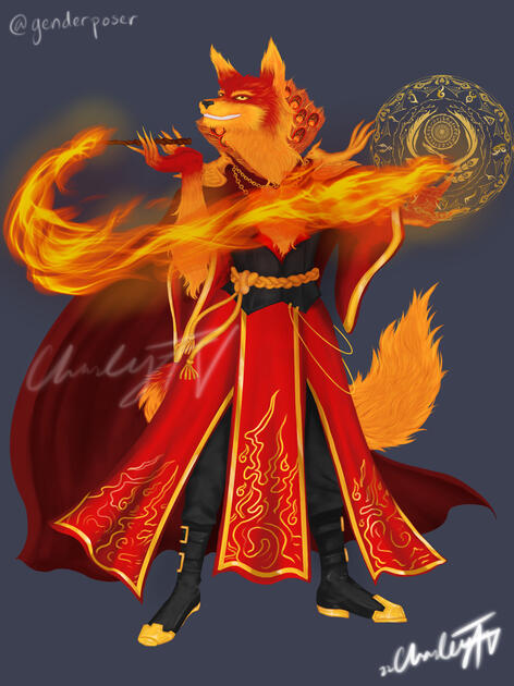 An anthropomorphic red and orange fox man holds a wand like a smoking pipe in his furred, right hand. Fire swooshes out from the wand. He wears elaborate red, black, and gold robes with a phoenix-feathered collar, and a red cloak. He wears black boots with