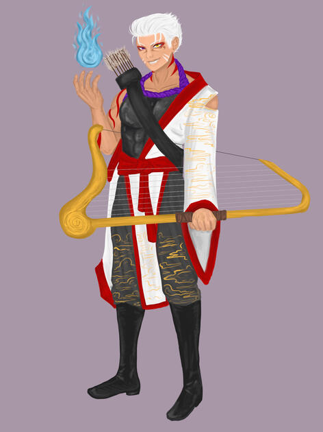 A human man with warm, light-medium skin smirks at the viewer with his fangs showing. He has white slicked back hair, a left yellow eye, and a right purple eye. He holds a mote of blue foxfire magic in his right hand, and in his left hand is a golden harp-