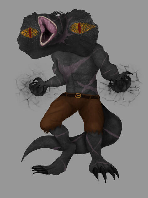 A muscular and heavily-scarred lizard man unfurls his neck frills in an intimidating display. His scales are black and gray, and his neck frills have markings that look like red and yellow eyes. He wears nothing but torn brown pants and a belt. His clawed
