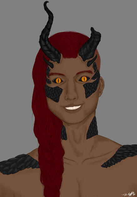 A portrait of a dark-skinned demon-like man. He looks at the viewer with an earnest smile. He has dark red hair and thick eyebrows, large curling ebony horns, and patches of black dragon scales on his face, neck, and shoulders. His eyes are demonic-looking