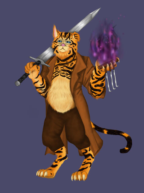 An upright, anthropomorphic catfolk holds a giant sword and rests it on his right shoulder, while his left hand holds a claw weapon and a mote of purple, fiery magic. The catfolk is portly and fluffy, with bright orange fur all over. He also has distinct b