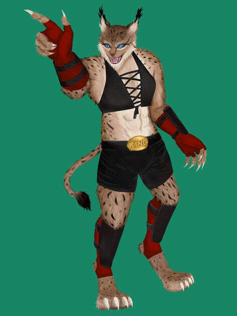 An anthropomorphic catfolk with green-ish teal eyes has a mischievous, taunting expression as she points off to the side. She is lynx-like, with dark brown to cream-colored fur, black spotted markings, and ear tufts. She wears a black halter/crop top that