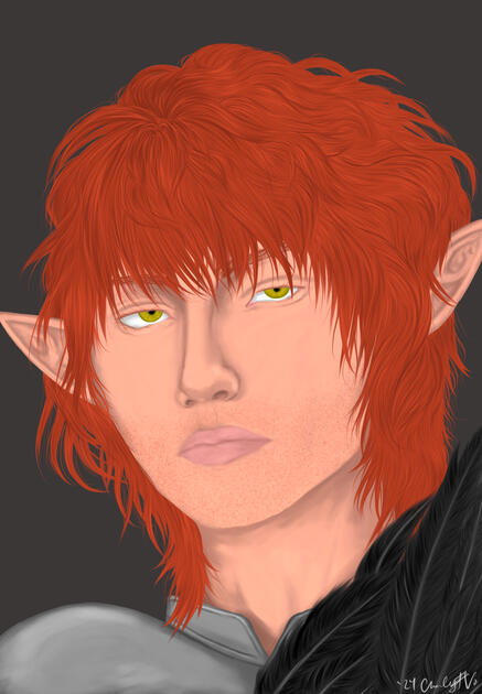 A portrait of a pale, warm skin-toned elven man. He looks at the viewer with hazel eyes. He wears a tired, stoic expression. His hair is wavy and ginger red, tousled and layered. He also has a light stubble. He wears metal armor with black feathers on the