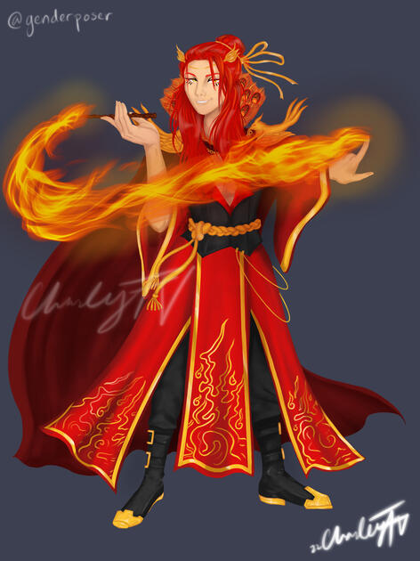 A pale-skinned man with long, bright red hair tied in a loose half-pony tail with golden ribbons, holds a wand like a smoking pipe in his right hand. He has yellow-golden eyes. Fire swooshes out from the wand. He wears elaborate red, black, and gold robes
