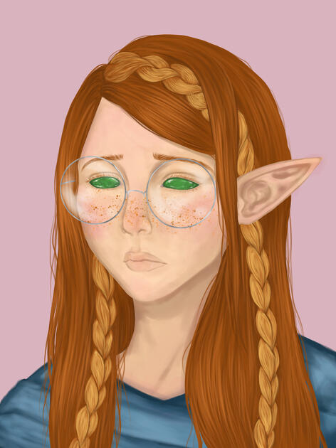 A portrait of a forlorn-looking freckled elf woman. Her eyes are emerald green, including the sclera, iris, and pupil. She has copper-y red-brown hair with some streaks of blond that are kept in singular braids. Her long straight hair is parted from her ri