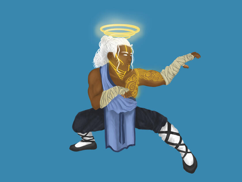 A dark-skinned Aasimar (meaning of angel heritage) man is crouched in a martial arts fighting position with his hands outstretched as if to mimic claws. He has thick, wavy white hair that is tied high up in a pony tail. His eyes are all white. He has glowi