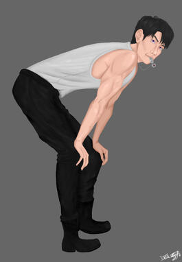 Caleb (a character from the video-game Love and Deepspace) leisurely rests his hands on his knees, bending over slightly with his necklace in his mouth as he looks up slightly. He has short black hair that is parted slightly to the left. He has violet eyes